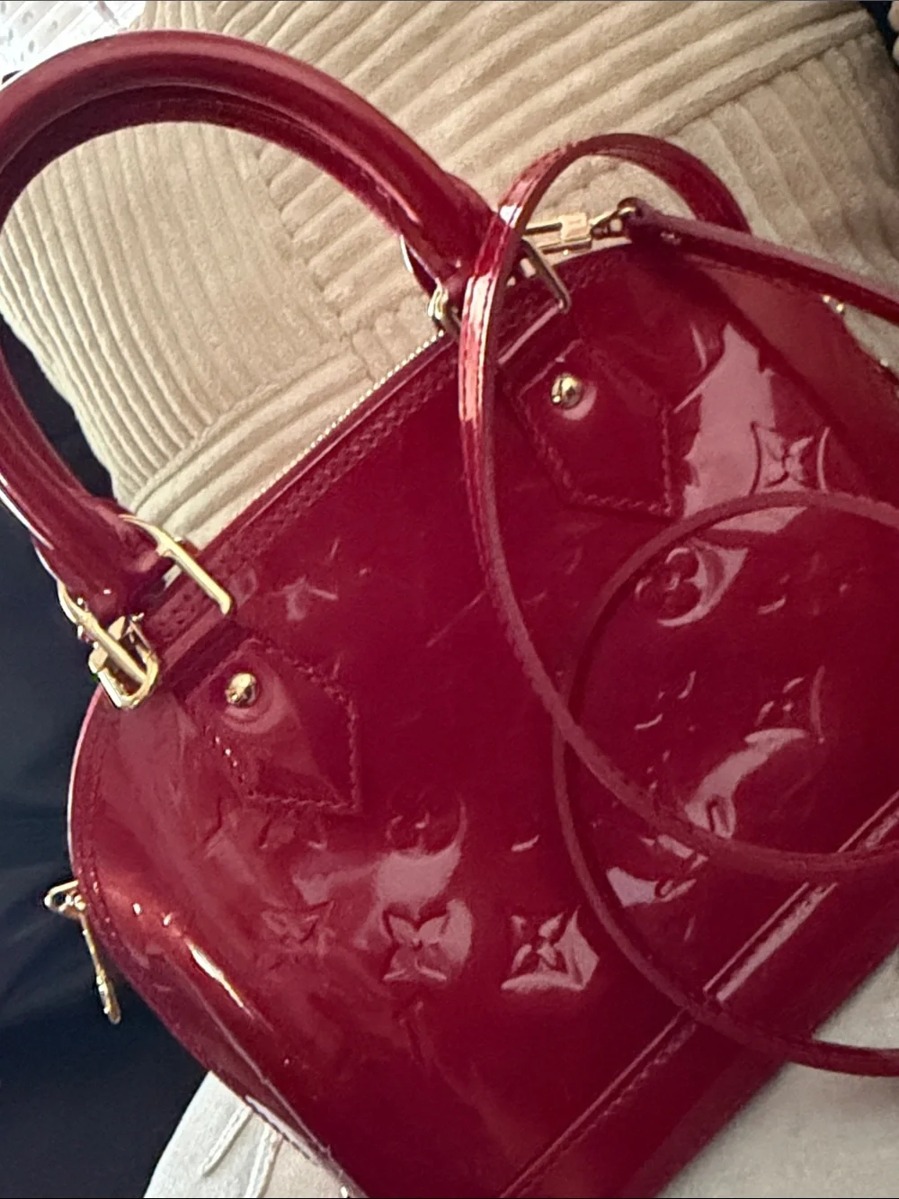 Red Patent Dome Satchel with Gold Hardware
